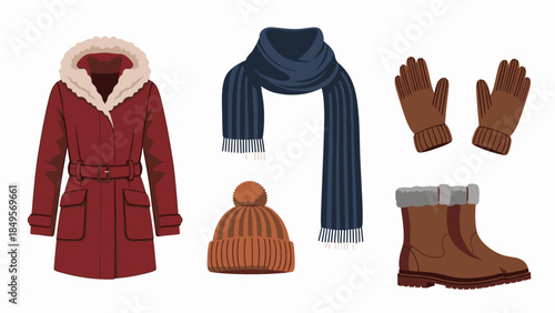 A flat lay of winter clothing items including a red coat, blue scarf, brown gloves, orange hat, and brown boots against a clean white background with a cold and wintry mood.