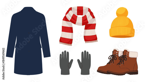Flat lay of winter clothing items including a navy coat, red and white striped scarf, yellow beanie, gray gloves, and brown boots on a white background.