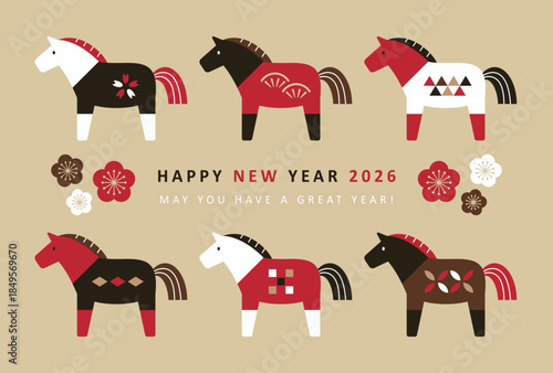 2026年年賀状デザイン　縁起の良い柄の6頭のかわいい馬