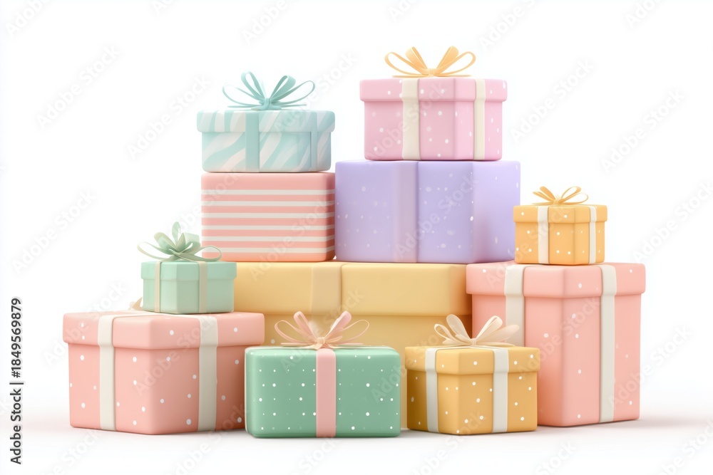 Obraz premium Colorful Gift Boxes Stacked Together with Ribbons and Bows on a White Background