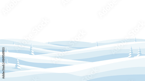 Serene winter landscape with rolling snow-covered hills and small pine trees under a clear blue sky in Desember, with a calm and peaceful mood.