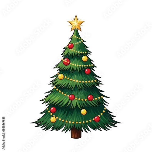 Vibrant Christmas Tree Adorned with Ornaments and a Shining Star.