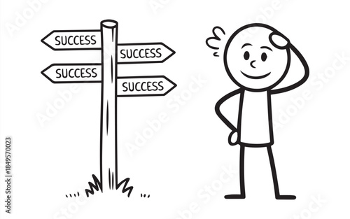 Funny stick figure ponders directions to success at crossroads, a cute concept for business strategy and career goals with multiple options and choices ahead