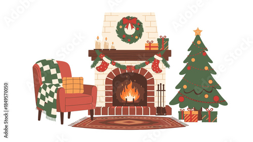 A cozy living room scene featuring a decorated Christmas tree, a warm fireplace with a wreath, and a comfortable armchair with a blanket, set against a clean white background with a festive