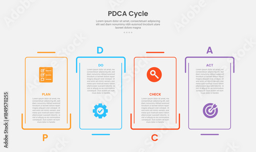 PDCA cycle framework infographic outline style with 4 point template with creative rectangle box with separated line up and down for slide presentation