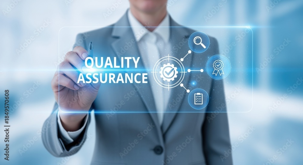Obraz premium Quality Assurance Concept: Businesswoman Interacting with Digital Interface Displaying Management and Standardization Processes for Compliance and Optimization