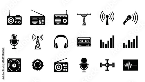 A collection of black and white icons representing radio, broadcasting, sound, and audio equipment for various media applications.