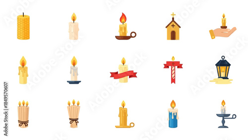A collection of flat design icons depicting various candles, some in holders, a church, a lantern, and religious symbols, all with a warm glow.