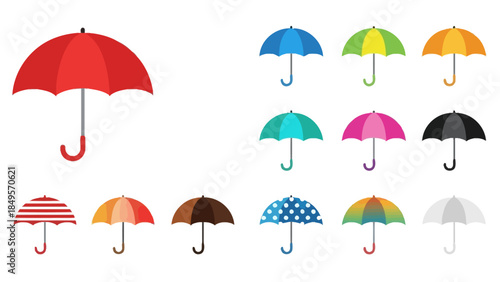 Collection of colorful open umbrellas in various designs and patterns, including solid colors, stripes, polka dots, and gradients, against a white background.
