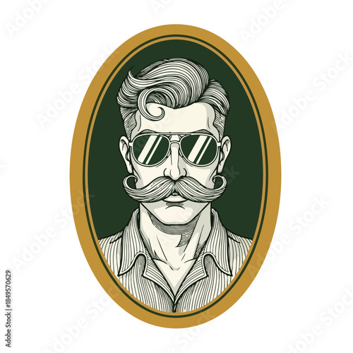 Vintage Gentleman with Moustache and Sunglasses in Oval Frame.