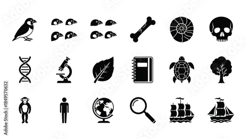 A collection of black and white icons representing various scientific, biological, and historical concepts, including animals, human anatomy, nature, research tools, and exploration.