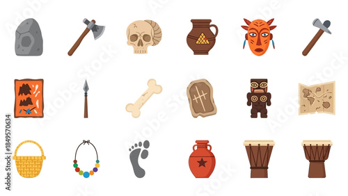 A collection of ancient civilization and tribal culture icons including tools, artifacts, and symbols on a white background.