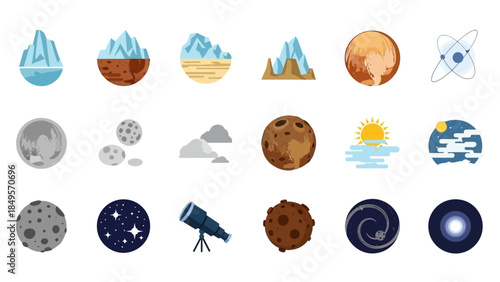 A collection of flat design icons depicting celestial bodies, space phenomena, and various natural landscapes.