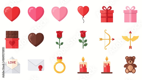 Valentine's Day Icon Set: A collection of charming Valentine's Day icons, featuring hearts, gifts, and romantic elements, perfect for conveying love and affection.