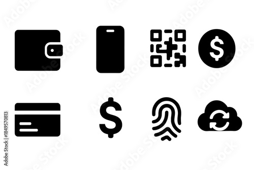 Digital Wallet Icons. Digital wallet. Filled icon set of digital wallet: wallet, smartphone, QR code, coin,