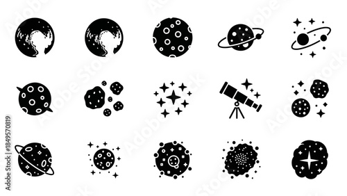 Black and white space and astronomy icons set featuring planets, stars, telescopes, and celestial bodies.