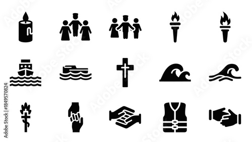 A collection of black silhouette icons depicting themes of community, religion, aid, migration, and safety, including candles, people, torches, boats, crosses, waves, helping hands, and life vests.
