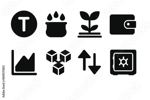 DeFi Icons Collection. DeFi ecosystem. Filled icon set of DeFi ecosystem: token, liquidity pool, yield farm,