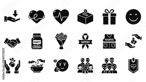 Black glyph icons representing charity, donation, volunteering, support, and kindness concepts.