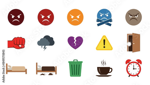 A collection of diverse icons depicting negative emotions, everyday objects, and warning signs, including angry faces, a broken heart, a storm, a bed, and an alarm clock.