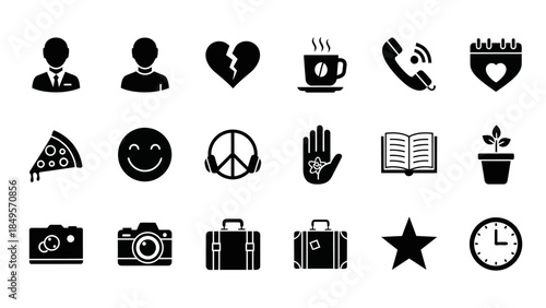 A collection of black silhouette icons on a white background, featuring various symbols like people, food, travel, communication, and emotions.
