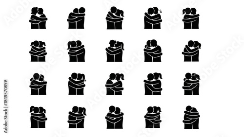 A collection of black silhouette icons illustrating various types of hugs and embraces between two people, depicting affection and connection.
