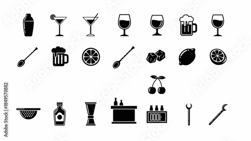 A comprehensive collection of black silhouette icons depicting various bar tools, drinkware, and cocktail ingredients for beverage-related designs.