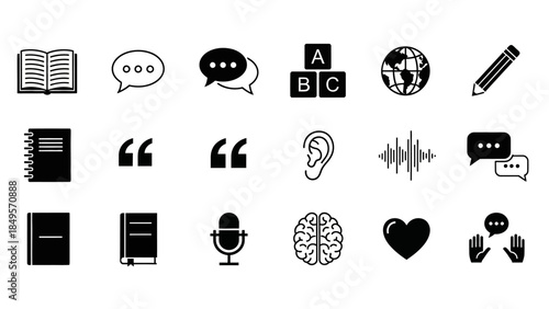 Language and Communication Icons: An array of simple yet expressive icons representing various aspects of language, speech, learning, and thought.