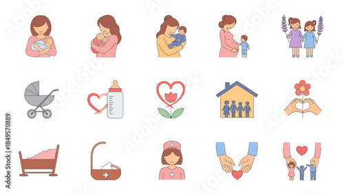 A collection of flat design icons depicting motherhood, family, children, and care, including pregnant women, babies, strollers, cribs, and family units.
