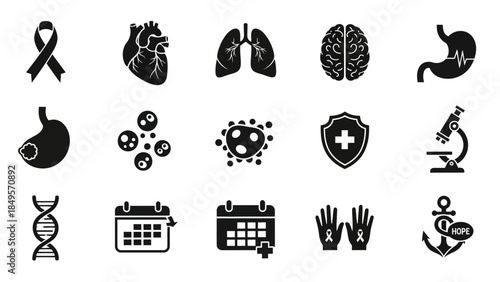 A comprehensive set of medical and health awareness icons, including human organs, diseases, research tools, and support symbols.