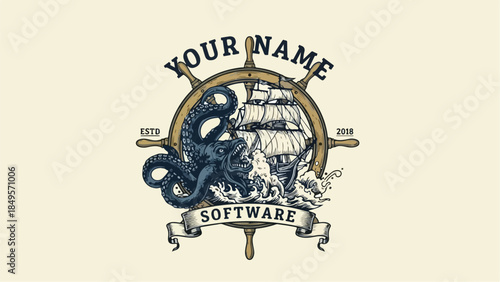 Vintage nautical emblem with kraken attacking a sailing ship.