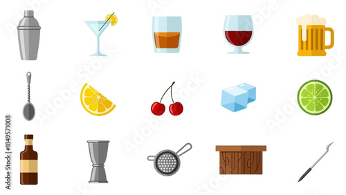A comprehensive collection of bar tools, alcoholic beverages, and garnishes for cocktail making.