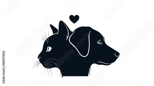 A black silhouette of a cat and dog's heads merged together, with a heart above, symbolizing pet love and companionship.