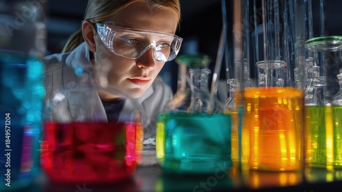 Scientist observing chemical reactions in a laboratory colorful liquids bubbling in transparent flasks and beakers