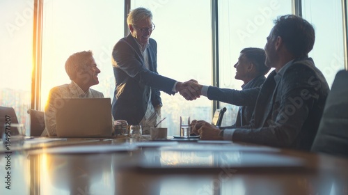 Ambitious entrepreneur pitching startup idea in boardroom using slideshow investors nodding handshake sealing deal
