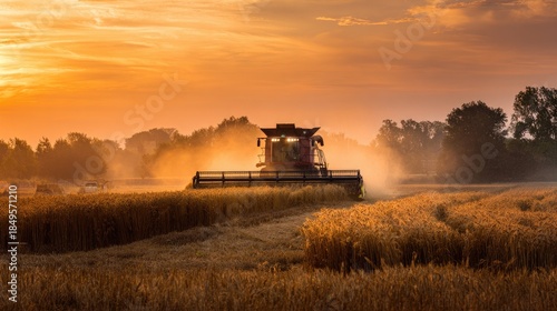 Farmer harvesting ripe wheat with a combine harvester under golden sunset skies dust and light glowing warmly