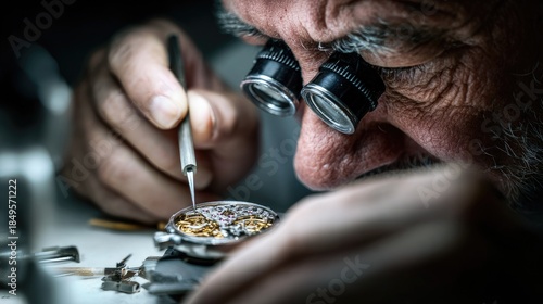 A master watchmaker wearing an eyepiece assembles the tiny intricate gears of a luxury mechanical watch