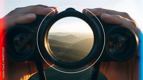 Man using binoculars to view landscape.