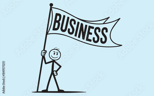 Stick figure proudly presents a business flag standing strong, symbolizing success and achievement in a simple yet powerful and playful way