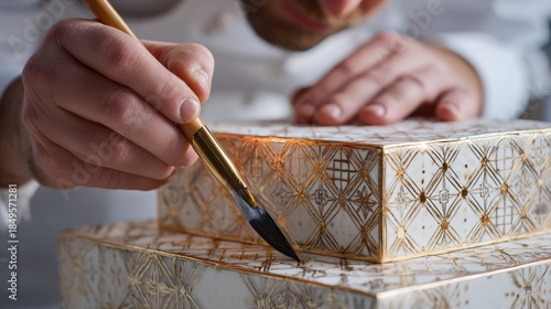 A master pastry chef meticulously airbrushes a complex metallic geometric pattern onto a modern wedding cake