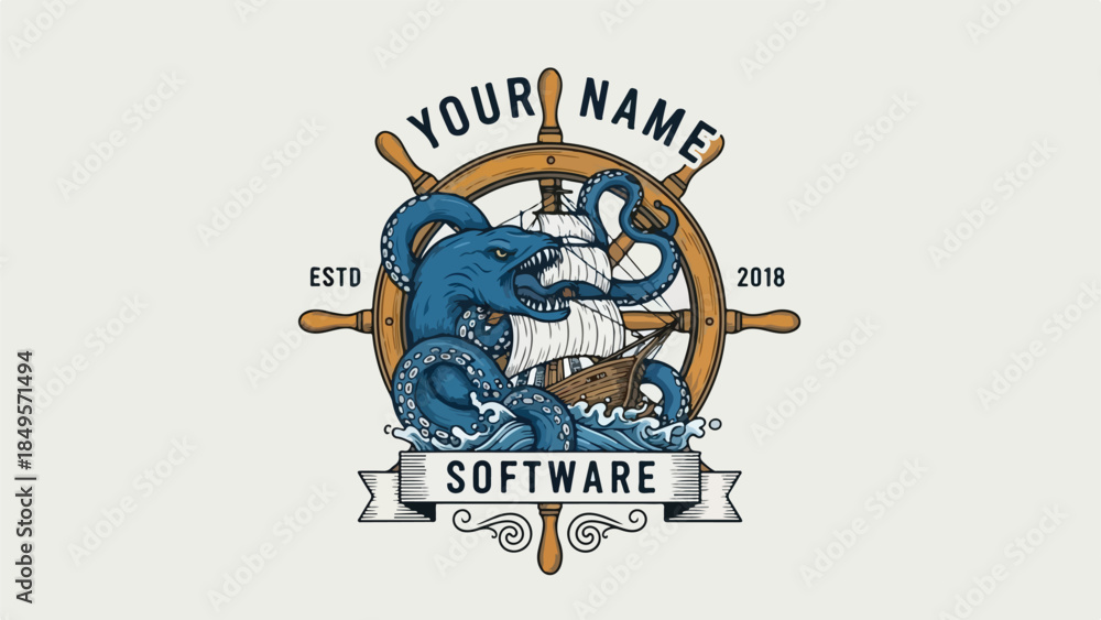 Fototapeta premium Vintage nautical software logo with sea monster and ship wheel.