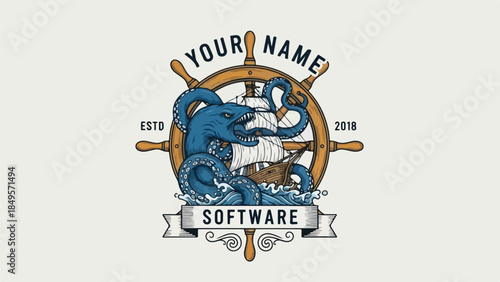 Vintage nautical software logo with sea monster and ship wheel.