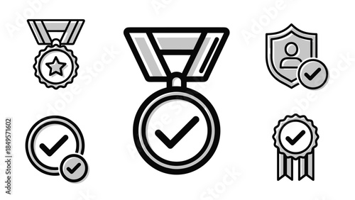 Achievement icons with medals and checkmarks for success and quality, Generative AI.