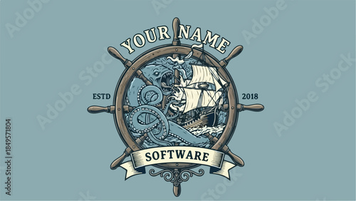 Vintage nautical software logo with ship wheel and sailing vessel.