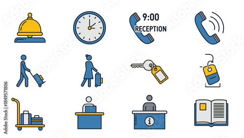 Hotel reception icons set for travel and hospitality industry, Generative AI.