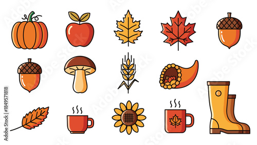 Autumn icons including leaves acorns and harvest symbols, Generative AI.