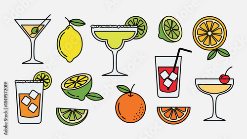 Colorful cocktail illustrations with fresh citrus fruits and glasses, Generative AI.