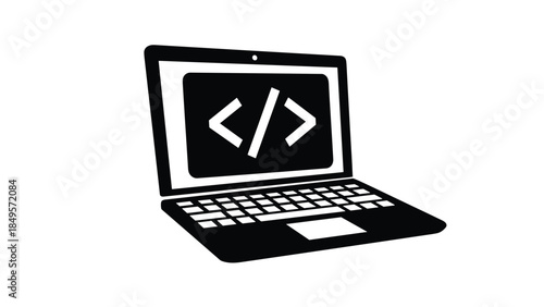 Modern laptop with coding symbols on screen for web development, Generative AI.