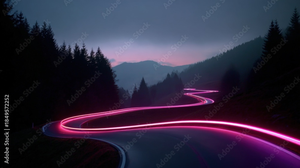 Obraz premium Night Road with Light Trails: Scenic Mountain Pass at Dusk with Pink Glow