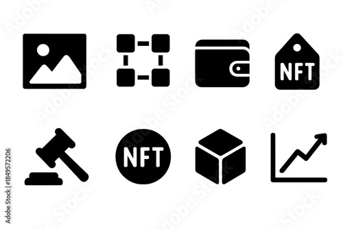 NFT Marketplace Icons. NFT marketplace. Filled icon set of NFT marketplace: digital artwork, blockchain,